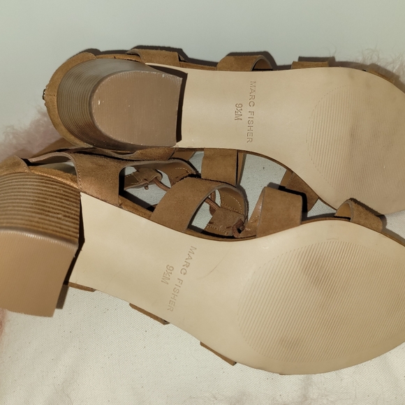 Marc Fisher Tan Suede Gladiator Lace-up Open Toe Sandal with Stacked Heel - Picture 3 of 5